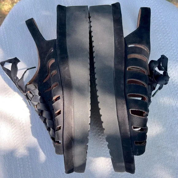 L’Amour Des Pieds Amarli Black Nubuck Leather Ribbon Platform Sandals 8 - Picture 6 of 8